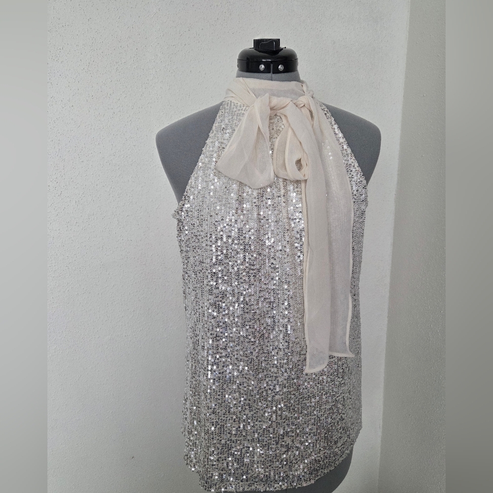 Calvin Klein Silver Sequin Halter Top with Cream Scarf